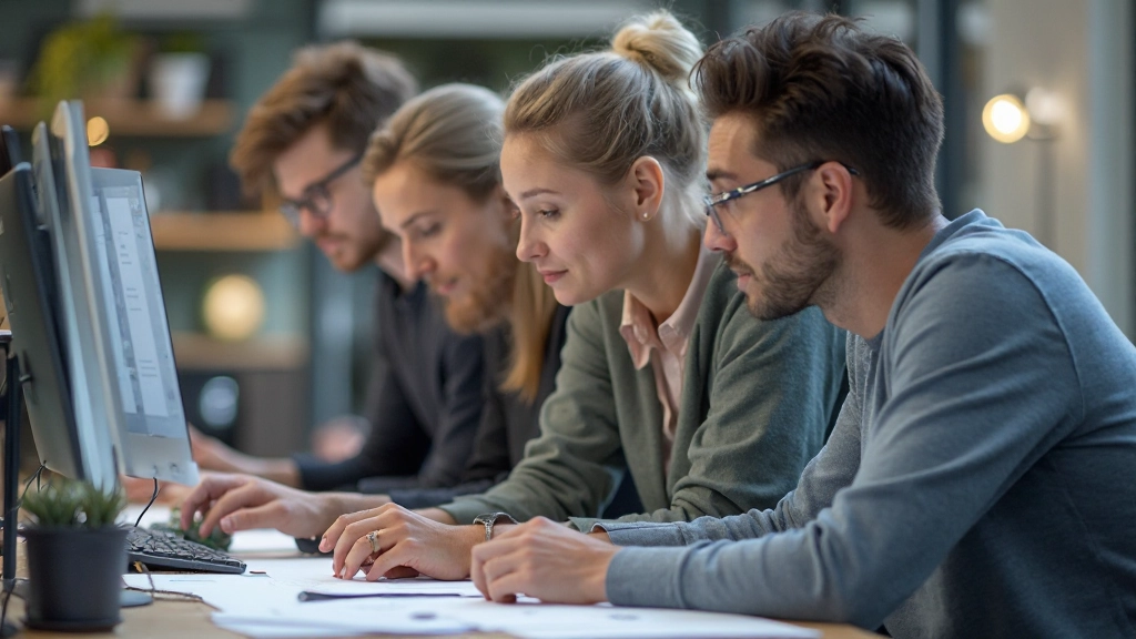 Команда дизайнеров обсуждает макет приложения у стола