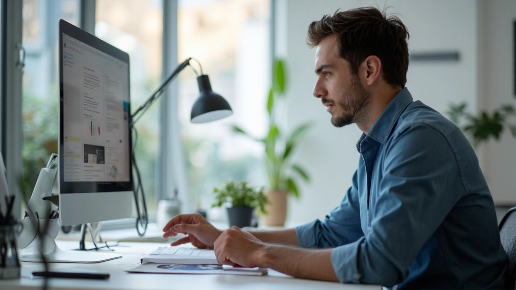 Дизайнер создает макет с учетом принципов пользовательского опыта на большом мониторе в светлом офисе