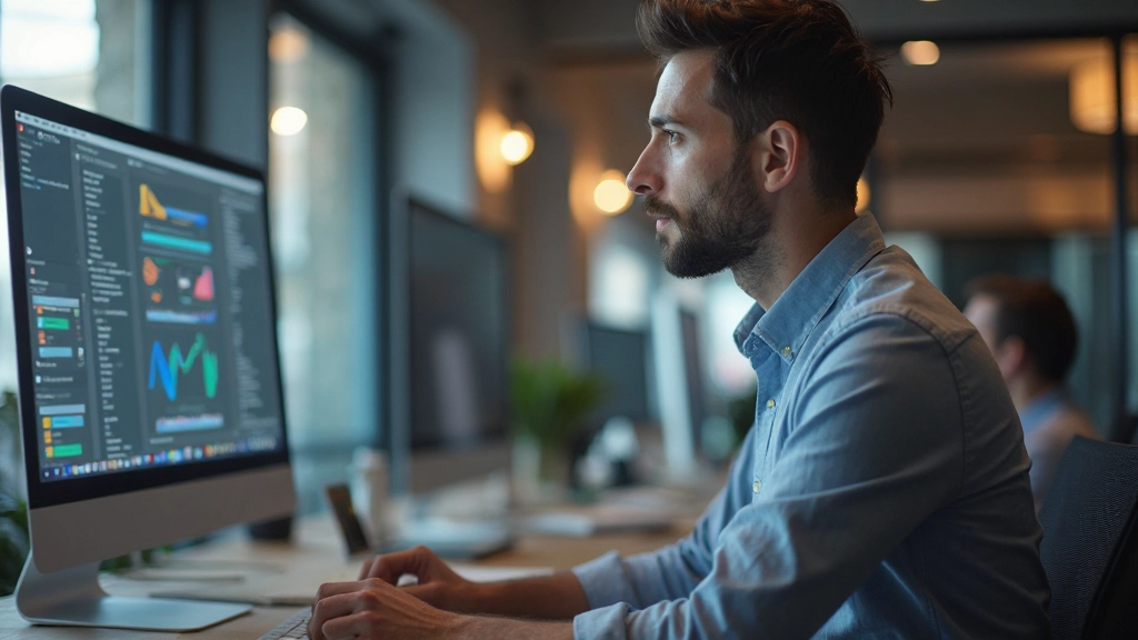 Дизайнер работает за компьютером, создавая интерактивный прототип в специализированном ПО