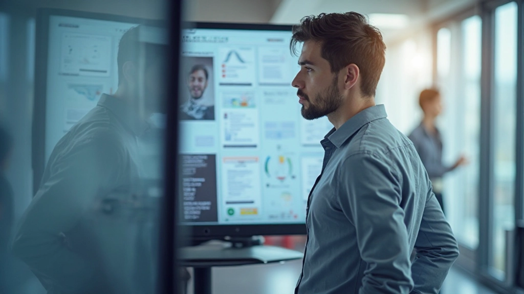 Дизайнер анализирует макет на больших мониторах в светлом офисе