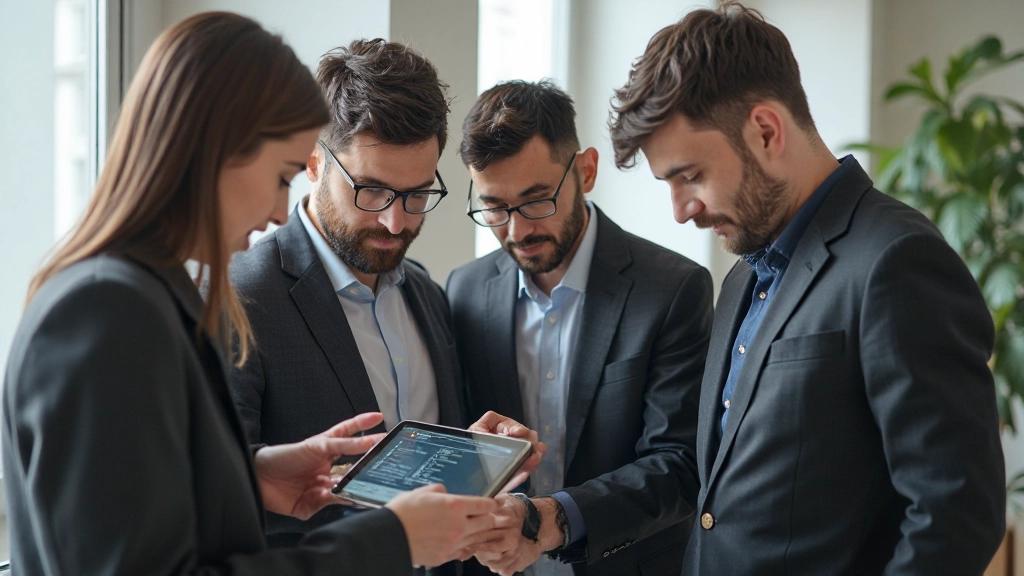 Команда дизайнеров обсуждает интерактивный прототип на планшете в офисе