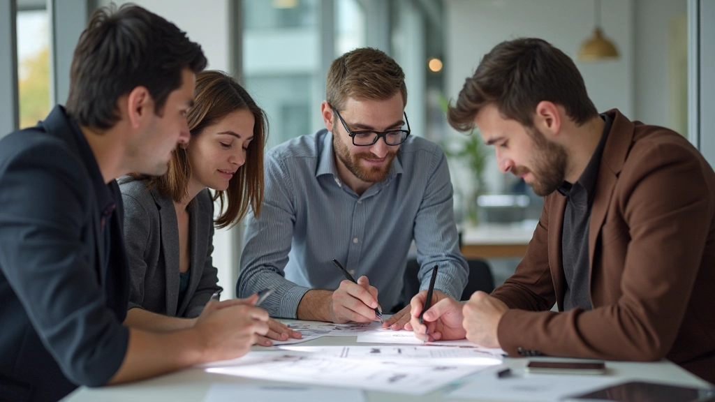 Профессиональное фото команды дизайнеров, работающих за столом с прототипами и эскизами