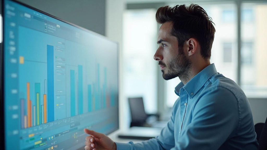 Аналитик изучает графики и метрики в Tableau, отслеживая пользовательское поведение на большой мониторе